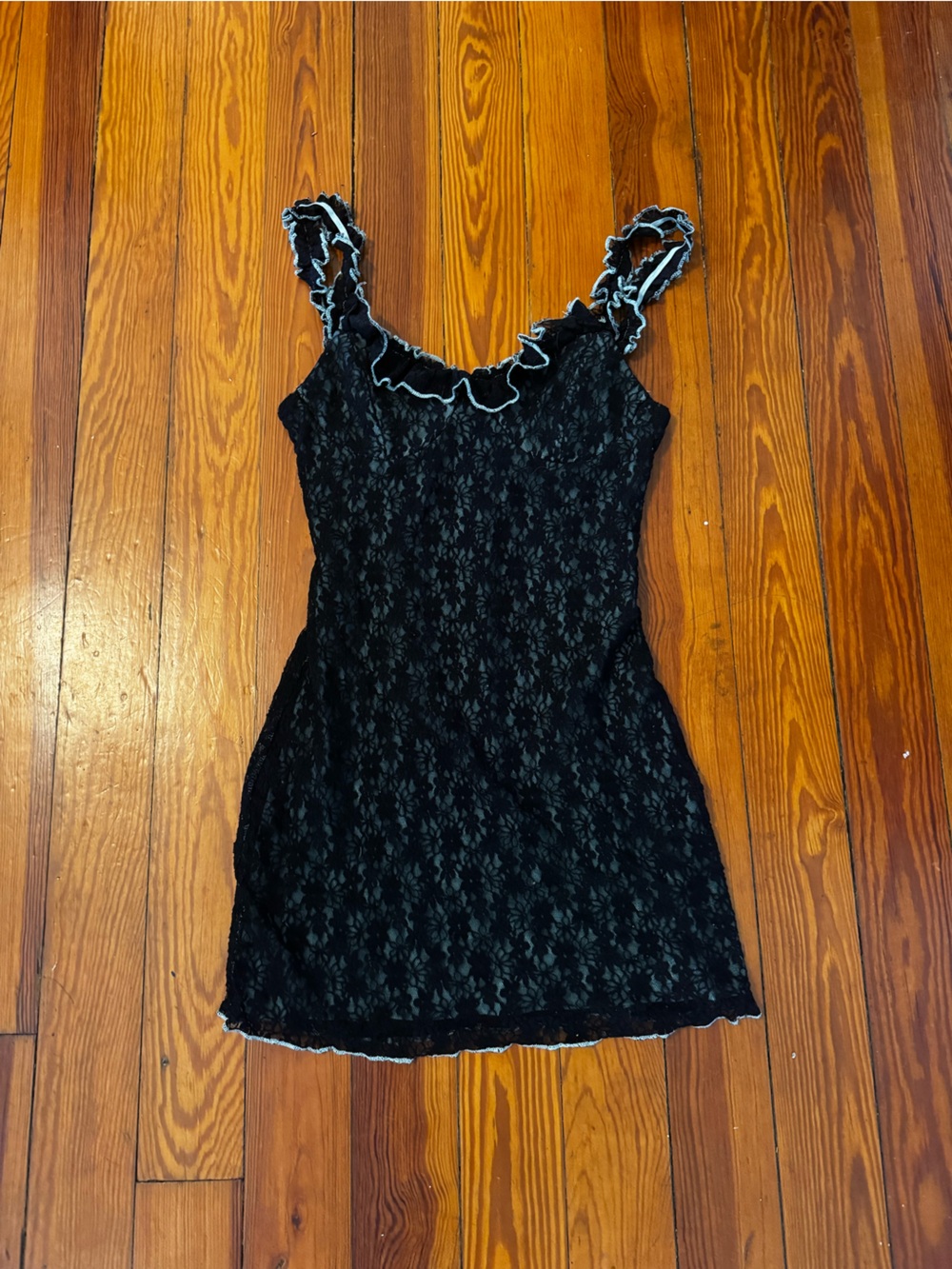 Urban Outfitters Black and Blue Lace Ruffle Strap Mini Dress